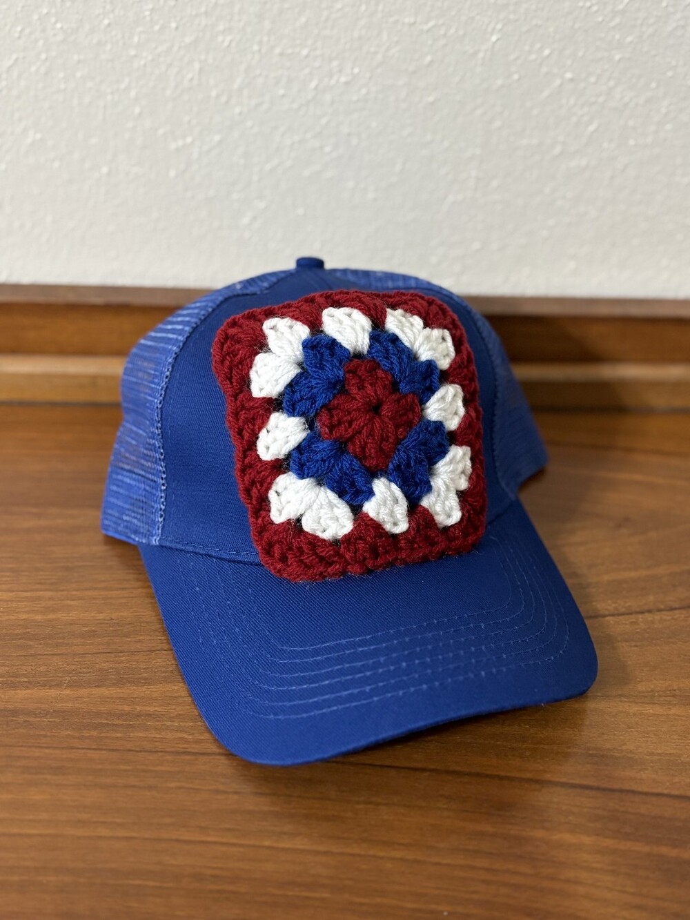 Blue Trucker Hat with Red, White & Blue Crochet Granny Square